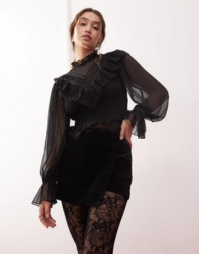Miss Selfridge velvet wrap button detail skort in black