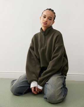 Weekday Carro half zip teddy sweatshirt in khaki