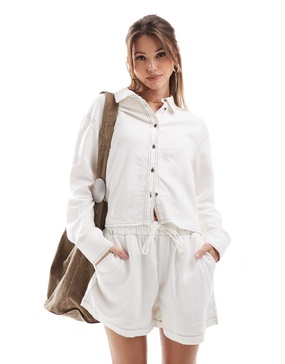 ONLY linen blend cropped shirt with contrast stitch in white - part of a set