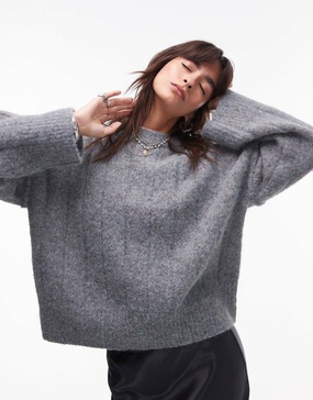 Topshop knitted fluffy rib oversized crew sweater in gray