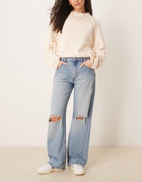 ASOS DESIGN baggy jean with rips in mid blue