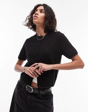 ARKET soft touch fluffy cardigan with short sleeves in black