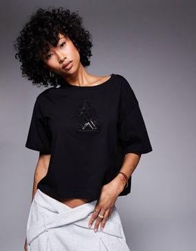Armani Exchange cropped t-shirt with embellished logo in black