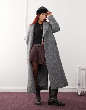 Monki textured long double breasted coat in gray