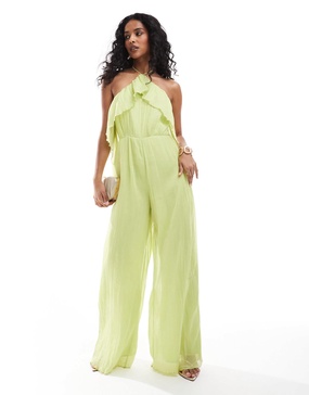 ASOS DESIGN textured halter wide leg jumpsuit with frill detail in lime green