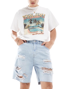 Bershka ripped denim shorts in light blue