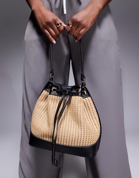 ASOS DESIGN straw bucket shoulder bag with contrast stitching in black