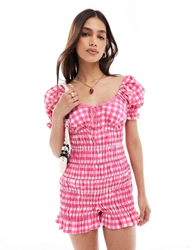 ASOS DESIGN elasticated channel lace trim bow romper in pink gingham