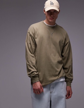 Topman oversized fit long sleeve t-shirt in washed khaki