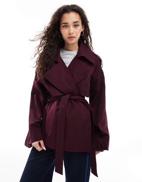 ASOS DESIGN oversized short trench coat with belt in burgundy