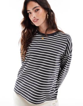 Vero Moda boxy long sleeve t-shirt in dark gray and white stripe