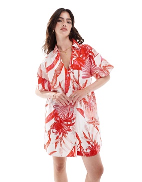 ASOS DESIGN short sleeve linen blend boxy mini shirt dress in red tropical print