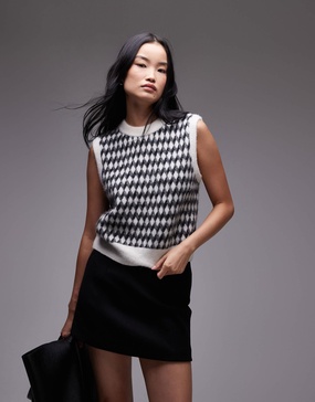 ARKET alpaca blend knitted tank vest in black and white diamond check jacquard
