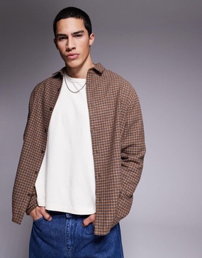ASOS DESIGN relaxed wool look shirt in brown check - BROWN