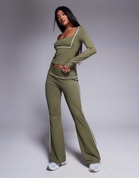 ASOS DESIGN contrast binding flare leggings in olive - part of a set