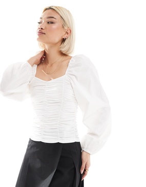 Pieces ruched jersey top with statement sleeves in white