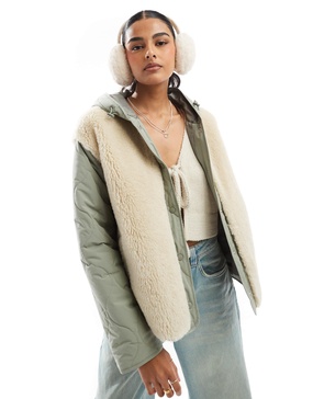 ASOS DESIGN hooded quilted borg jacket in sage