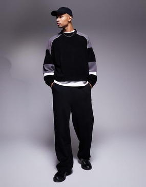 ASOS DESIGN extreme oversized color block sweater in black gray and white fleece