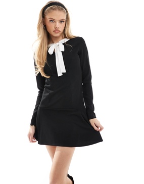 Miss Selfridge scuba crepe contrast bow dropped waist mini dress