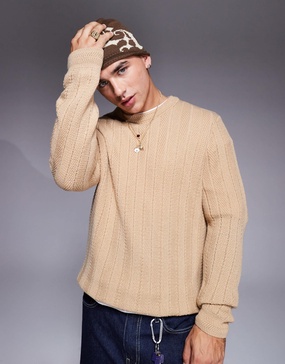 ASOS DESIGN knitted sweater with contrast rib in stone