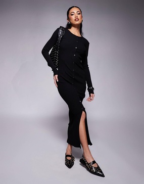 River Island Long Sleeve Button Up Midi Dress in black