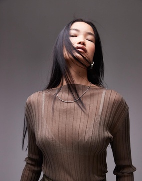 ARKET sheer knitted long line fitted top in khaki brown