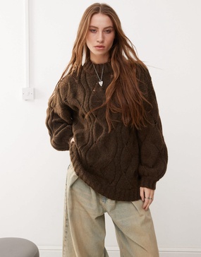 Monki oversized crew neck cable knitted sweater in brown