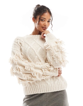 Bershka chunky textured cable knit sweater in ecru