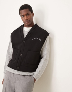 ASOS DESIGN oversized cropped sleeveless cardigan with embroidery in black
