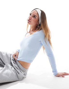 Bershka v-neck long sleeve tee in baby blue
