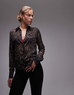 Topshop sheer georgette shirt in leopard