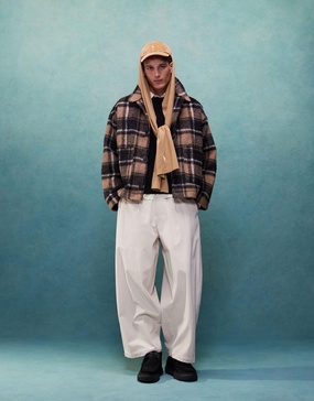 ASOS DESIGN oversized wool look check worker jacket in brown