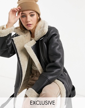 Stradivarius contrast borg collar aviator jacket in black