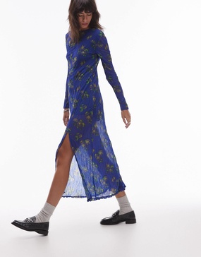 Topshop sheer crinkle crew neck maxi dress with slit in blue ditsy print