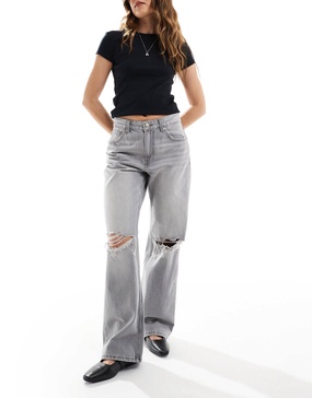 Bershka ripped knee wide leg jeans in light gray