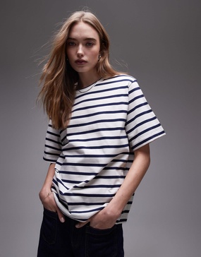 ARKET midweight short sleeve T-shirt in blue and white stripes