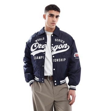 Bershka retro sports bomber jacket in blue