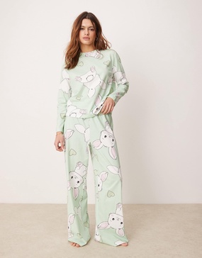 ASOS DESIGN bunny long sleeve top & pants pajama set in gray