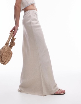 Topshop linen mix bias midi skirt in natural