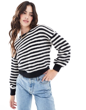 ONLY fluffy detail stripe sweater in black & white