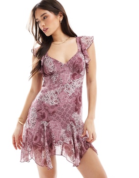 Bershka frill detail tie back mini dress in pink paisley