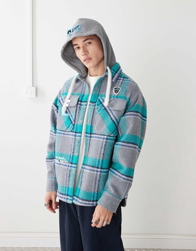 Aape By A Bathing Ape long sleeve hooded shacket in blue and gray check