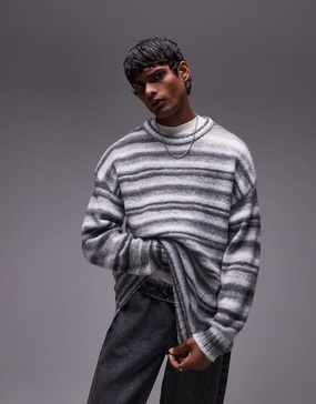 Topman relaxed fit fluffy stripe sweater in gray stripe