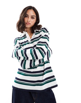 Bershka oversized rugby top in green stripe