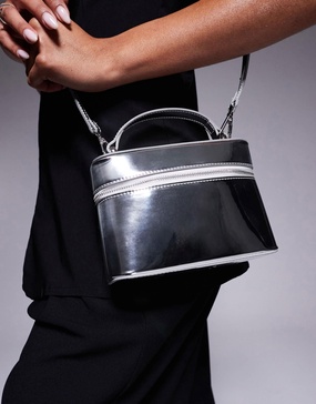 ASOS DESIGN vanity box bag with detachable cross body strap in high shine silver