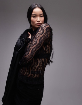 Topshop wave lace high neck top in black