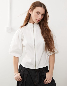 COLLUSION bubble sleeve top with zip detail in white