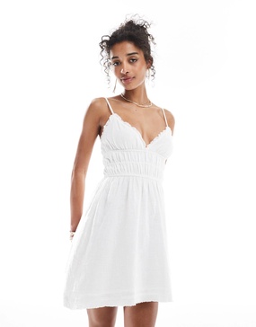 Bershka ruffle detail strappy mini dress in white