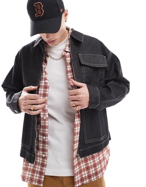 Bershka double pocket denim jacket in dark blue -set