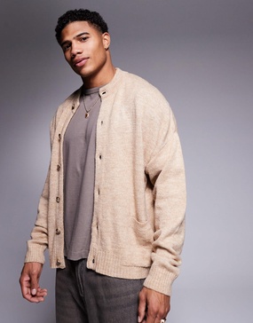 ASOS DESIGN oversized boxy fit knit crew neck cardigan with pockets in beige